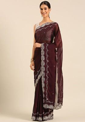 Maroon Embellished Blended Saree Set
