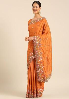 Mustard Embroidered Blended Saree Set