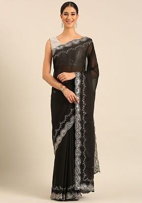 Black Embellished Blended Saree Set