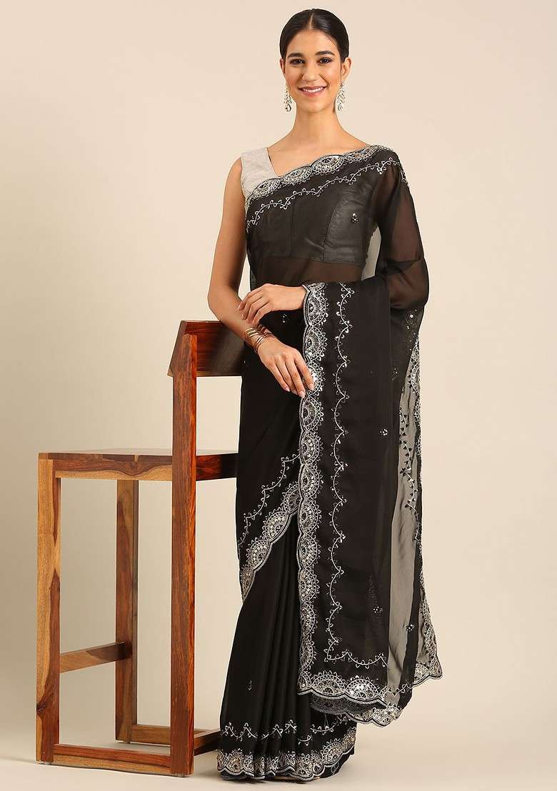Black Embellished Blended Saree Set for Diwali | Wedding & Festive Wear - Indya