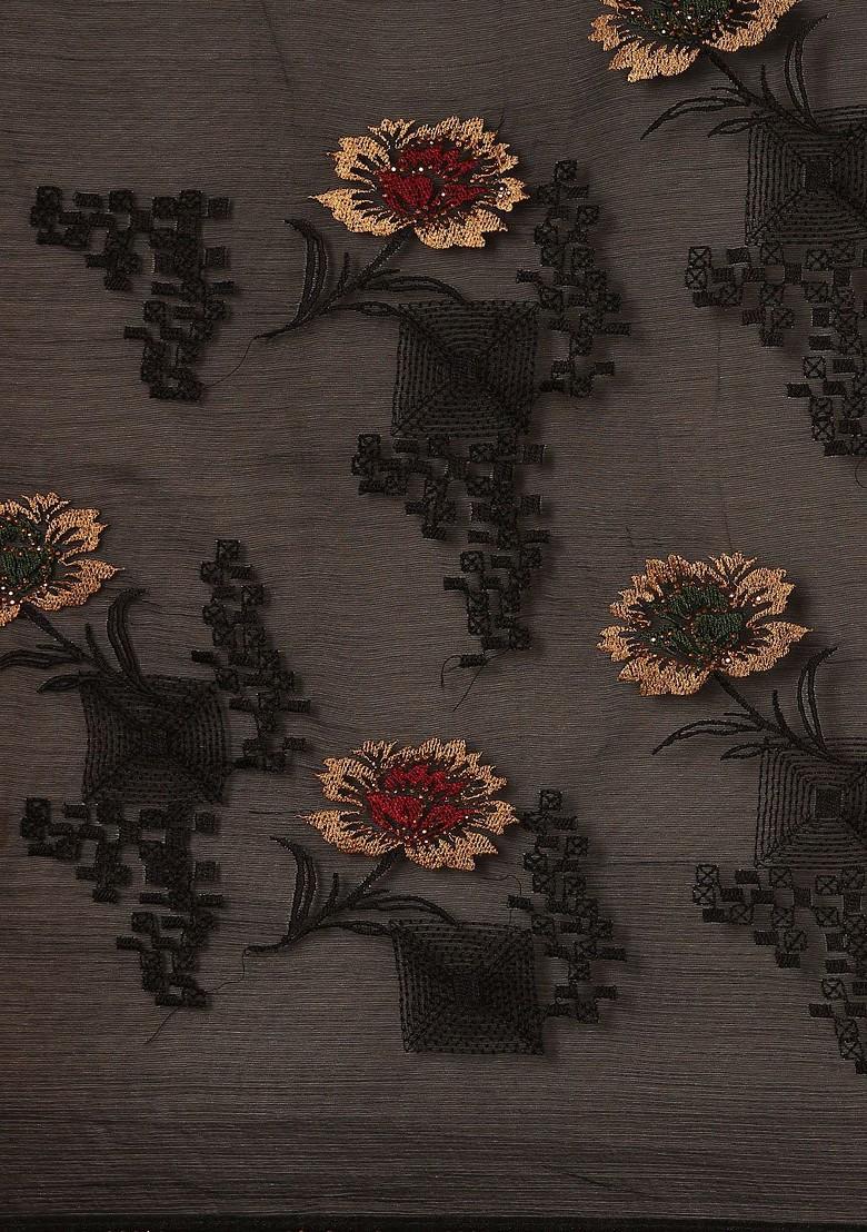 Black Embroidered Blended Saree Set - Indya