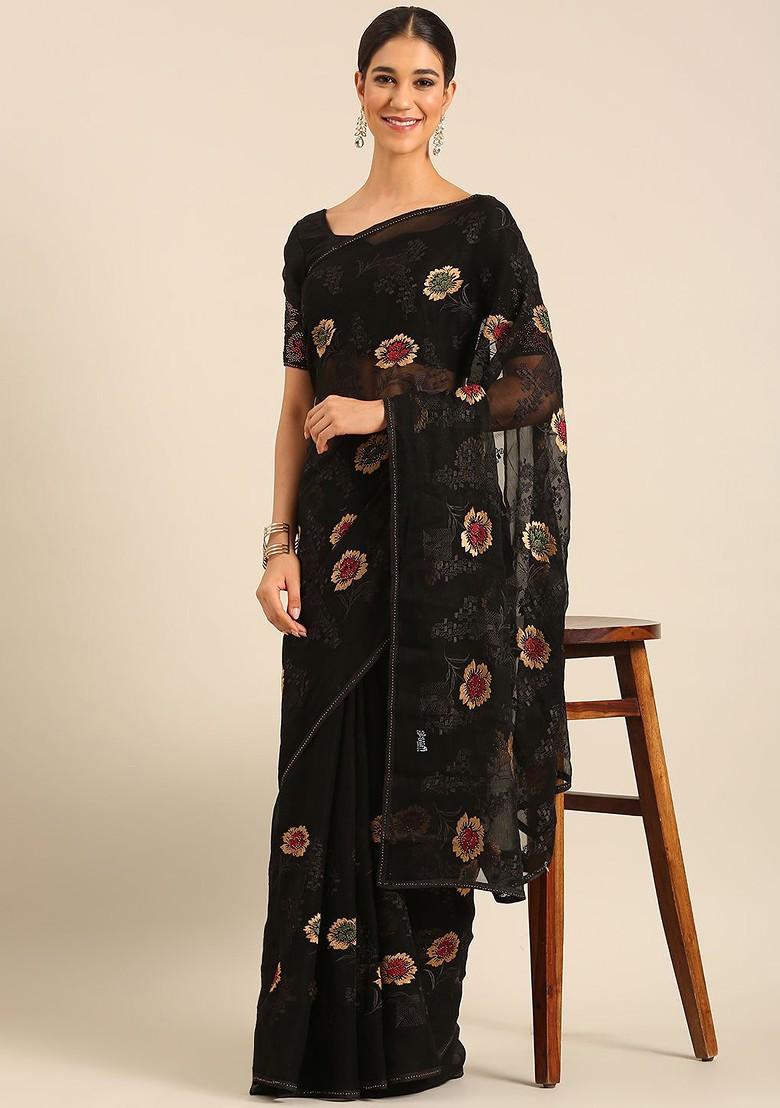 Black Embroidered Blended Saree Set - Indya