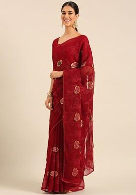 Maroon Printed Blended Saree Set