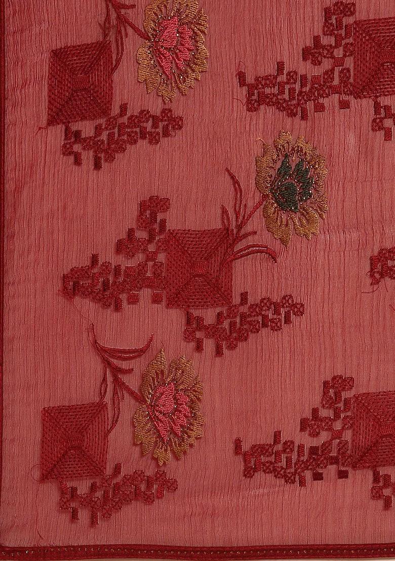 Maroon Printed Blended Saree Set - Indya