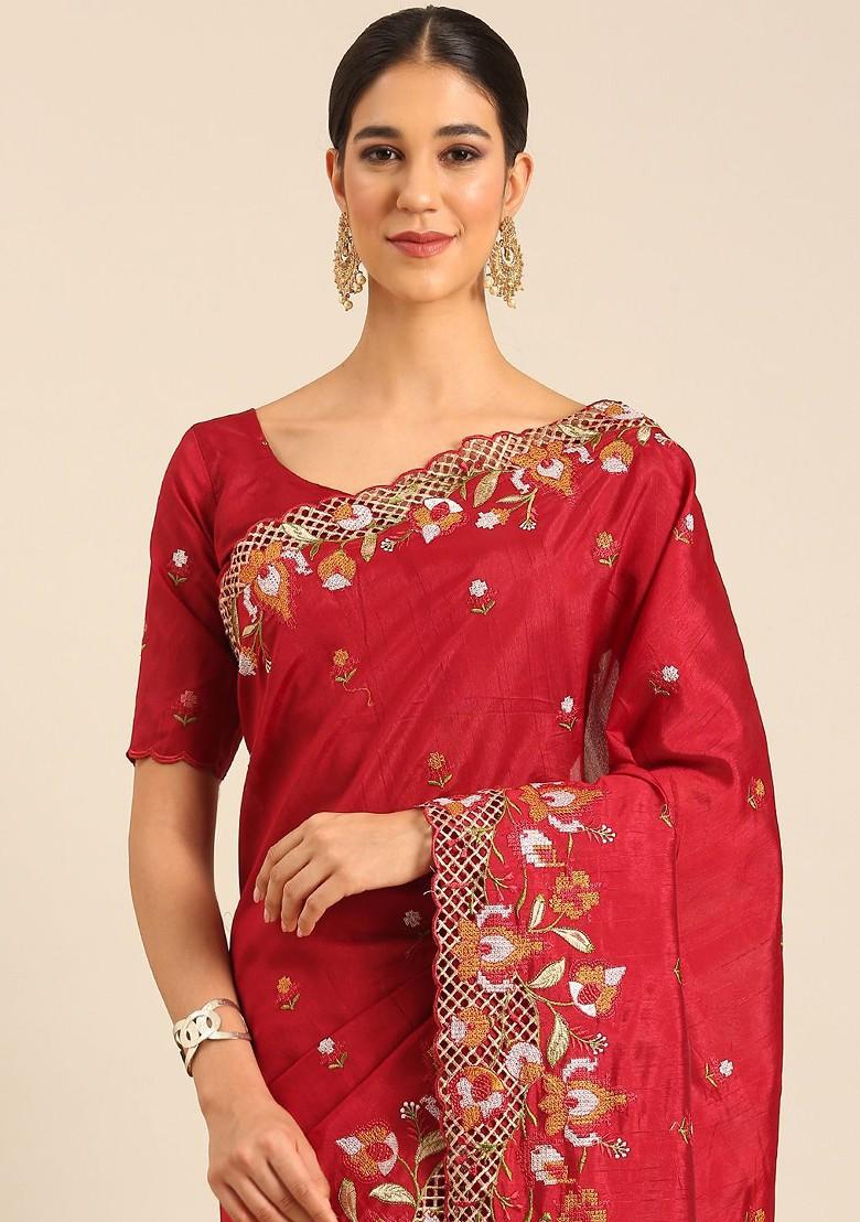 Maroon Embroidered Blended Saree Set - Indya