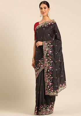 Black Embellished Blended Saree Set