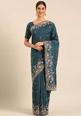 Teal Embroidered Blended Saree Set
