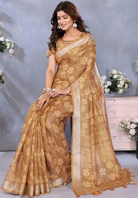 Brown Printed Blended Saree Set