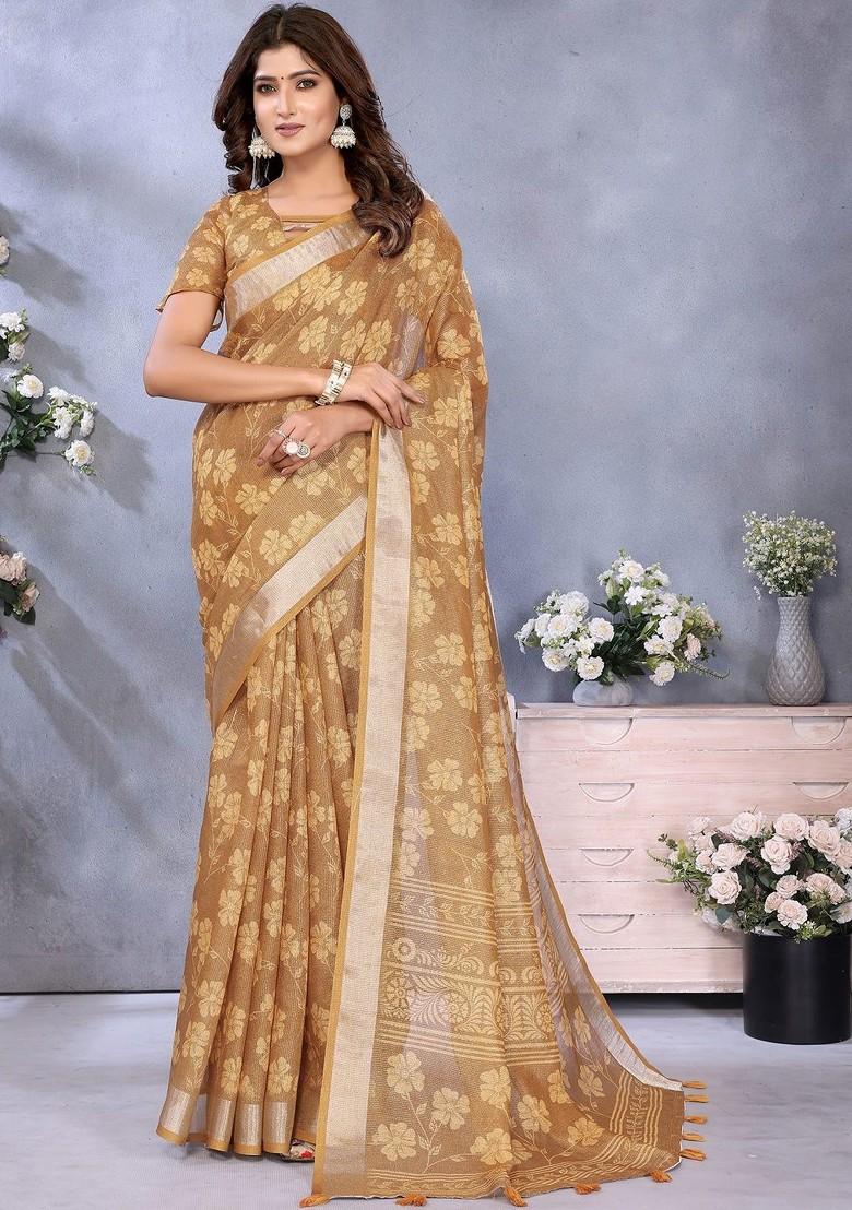 Brown Printed Blended Saree Set - Indya