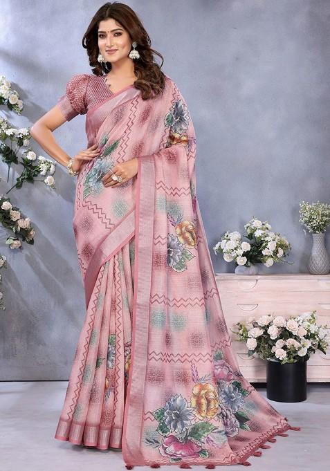 Peach Embroidered Blended Saree Set