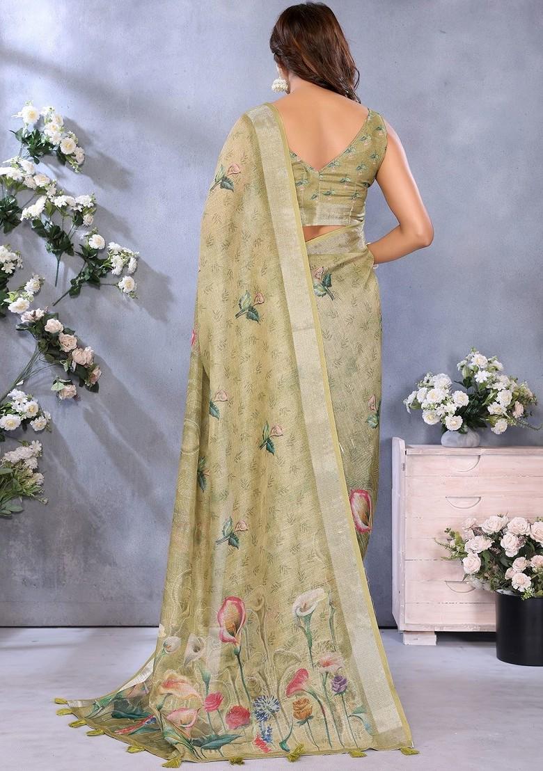 Cream Printed Blended Saree Set - Indya