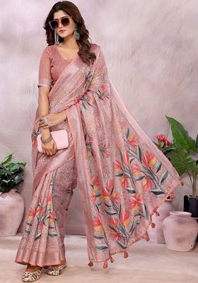 Peach Printed Blended Saree Set