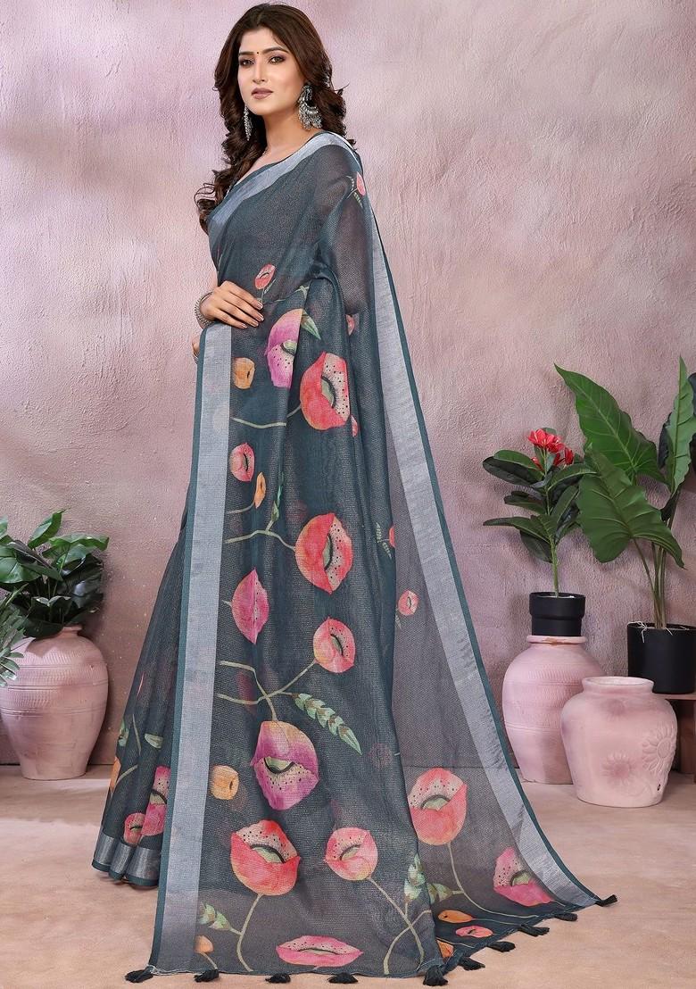 Grey Printed Blended Saree Set - Indya
