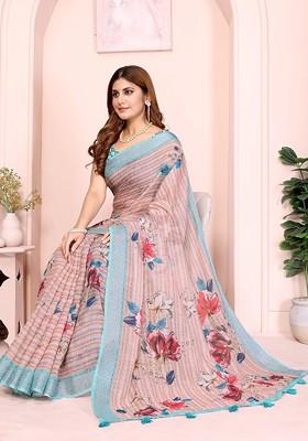 Peach Printed Blended Saree Set