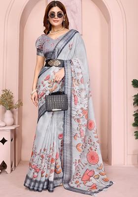 Grey Printed Blended Saree Set