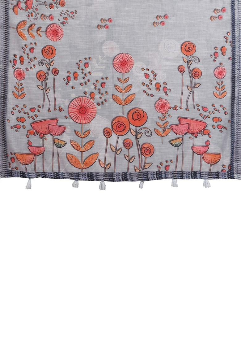 Grey Printed Blended Saree Set - Indya