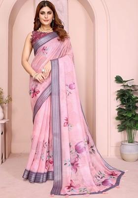 Pink Printed Blended Saree Set