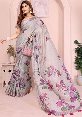 Grey Printed Blended Saree Set