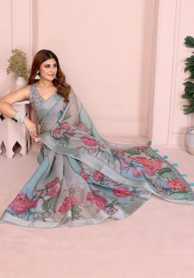 Grey Printed Blended Saree Set