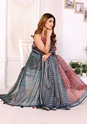 Red Printed Blended Saree Set