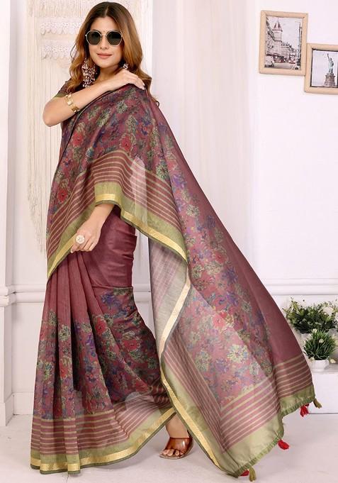 Purple Printed Blended Saree Set