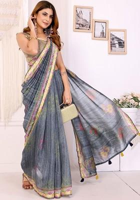 Grey Printed Blended Saree Set