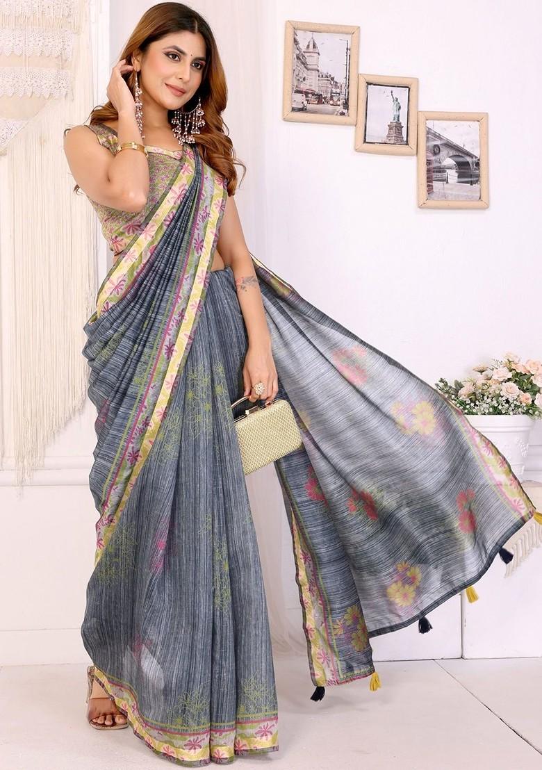 Grey Printed Blended Saree Set - Indya