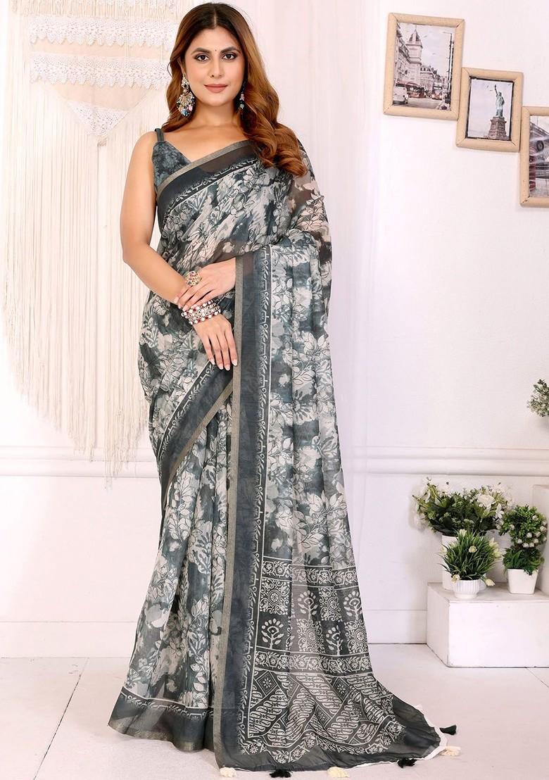 Black Printed Blended Saree Set - Indya