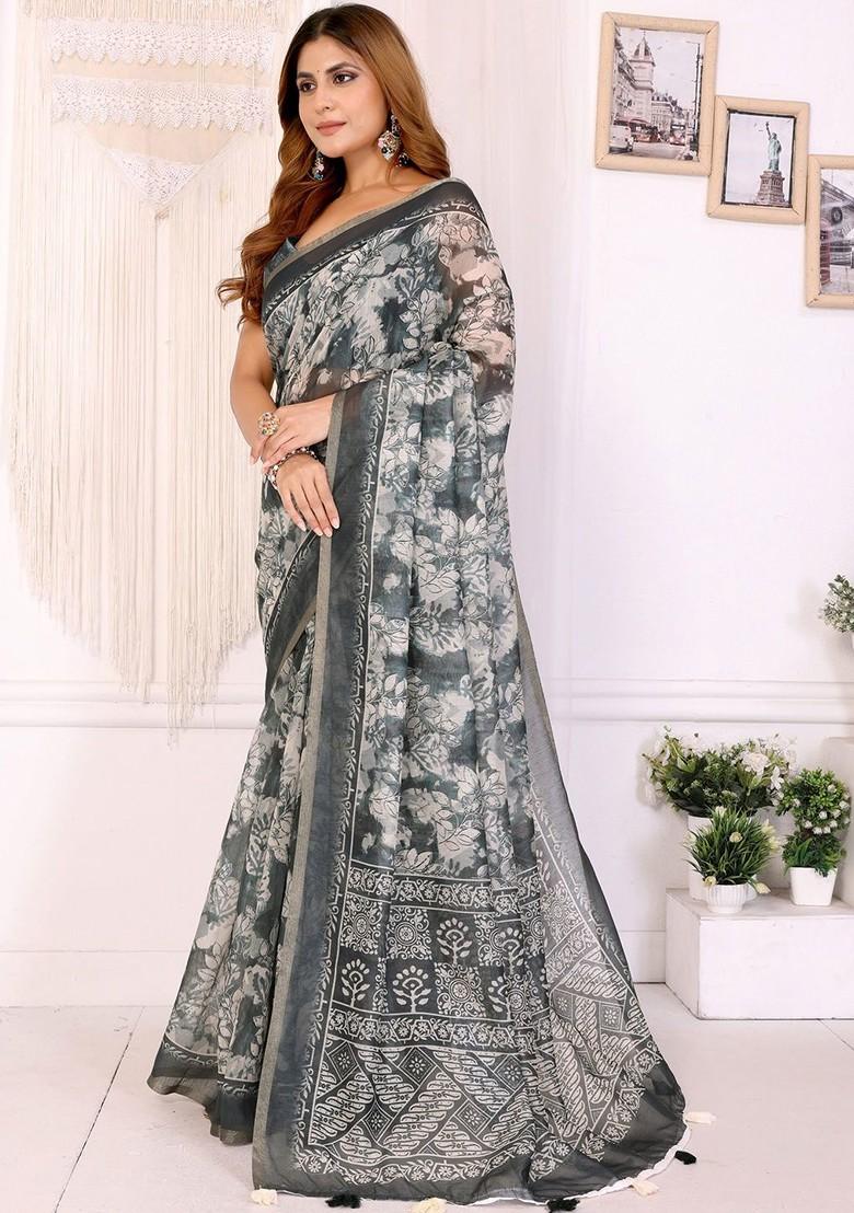 Black Printed Blended Saree Set - Indya