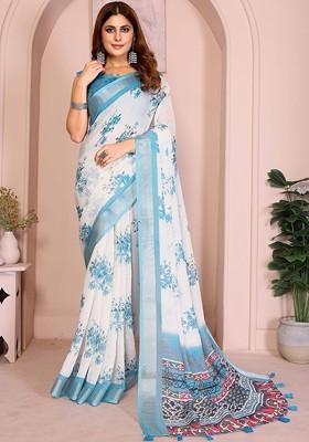 White Embroidered Blended Saree Set