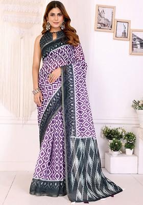 Purple Printed Blended Saree Set