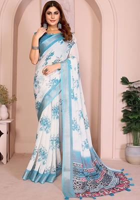 White Printed Blended Saree Set