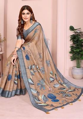 Brown Printed Blended Saree Set