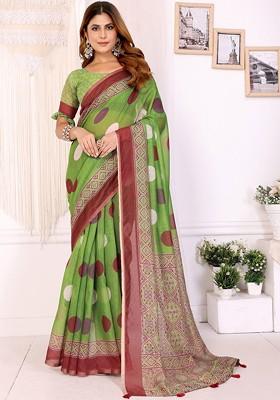 Green Printed Blended Saree Set