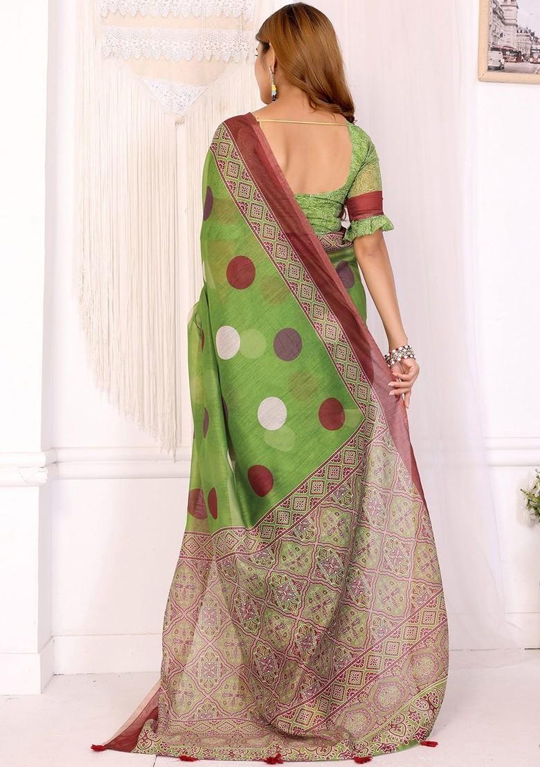Green Printed Blended Saree Set - Indya