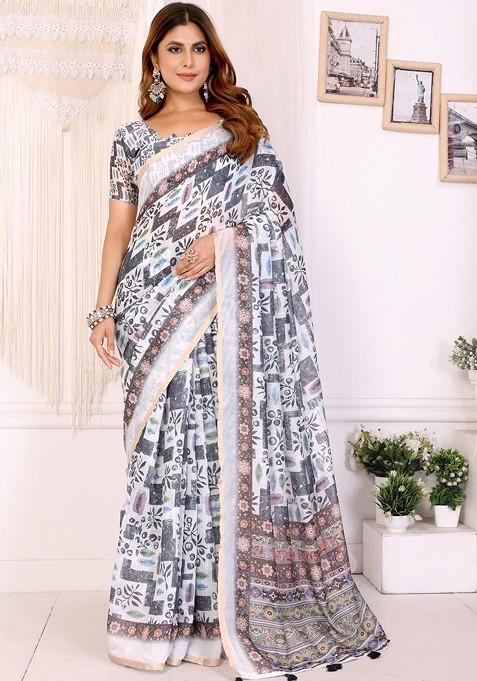 White Embroidered Blended Saree Set