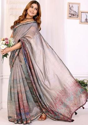 Grey Printed Blended Saree Set
