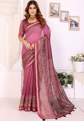 Pink Printed Blended Saree Set