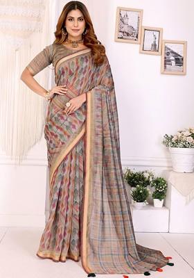 Grey Printed Blended Saree Set