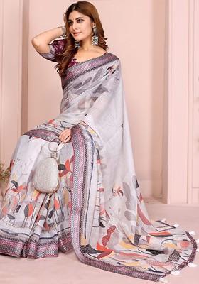 Grey Embroidered Blended Saree Set