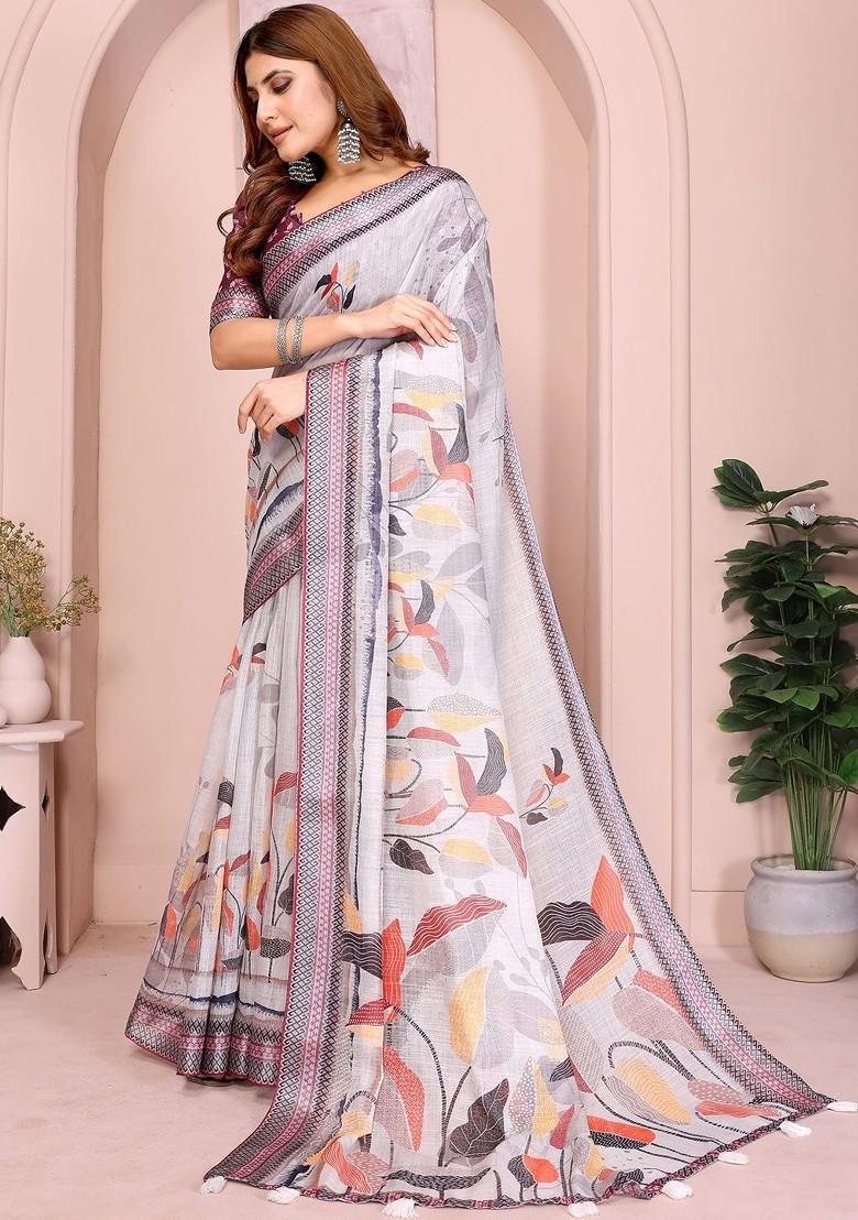 Grey Embroidered Blended Saree Set - Indya