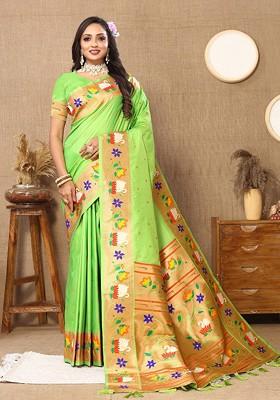 Lime Green Printed Blended Saree Set