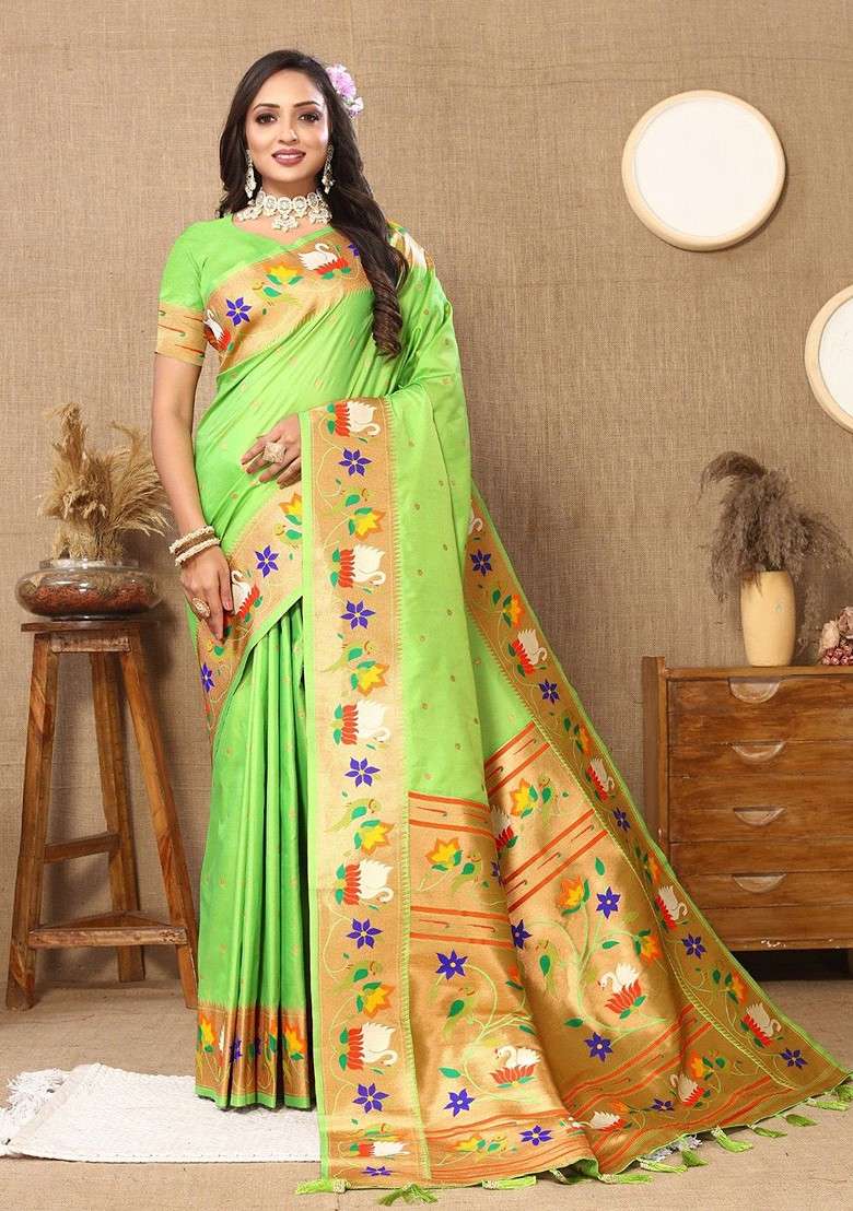 Lime Green Blended Saree Set with Printed for Diwali | Wedding & Festive Wear - Indya