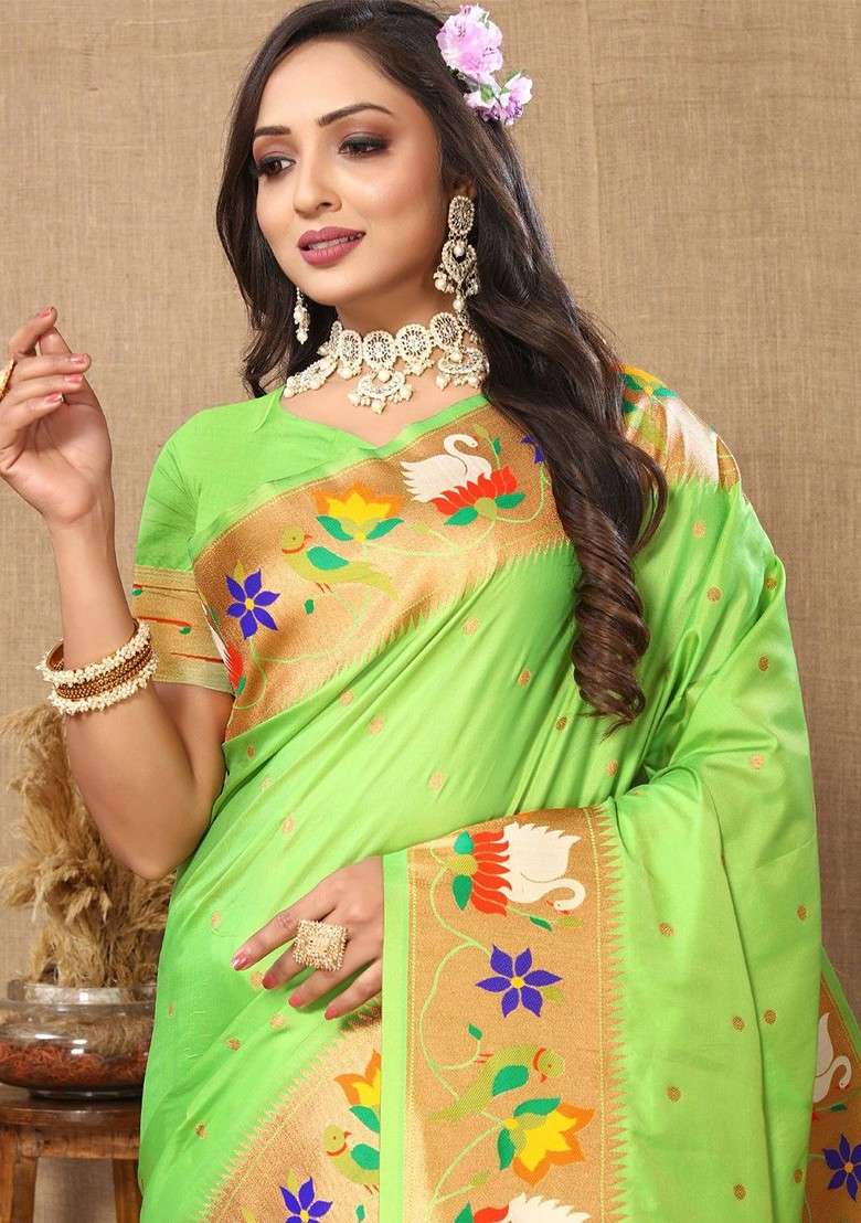 Lime Green Blended Saree Set with Printed for Diwali | Wedding & Festive Wear - Indya