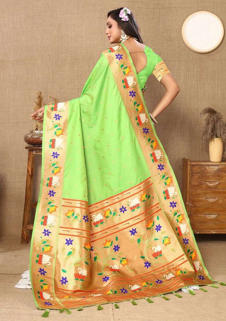 Lime Green Blended Saree Set with Printed for Diwali | Wedding & Festive Wear - Indya