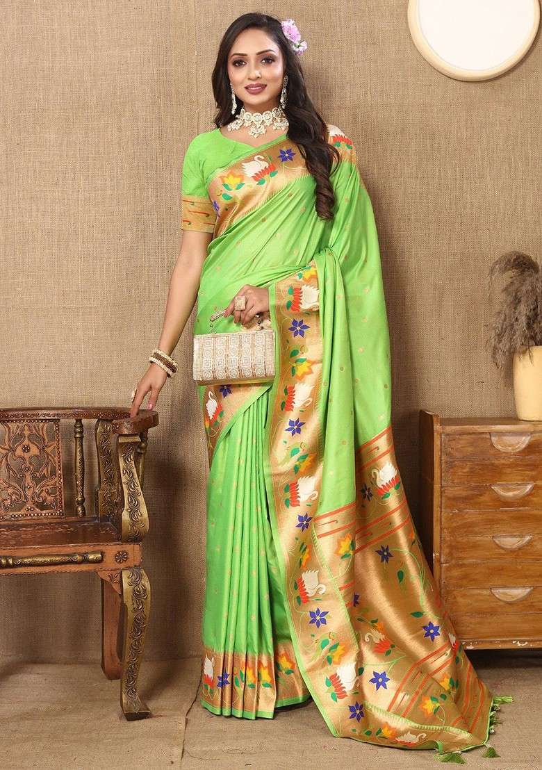 Lime Green Blended Saree Set with Printed for Diwali | Wedding & Festive Wear - Indya