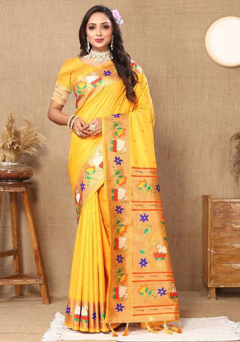 Yellow Embroidered Blended Saree Set for Diwali and Festive Wear - Indya