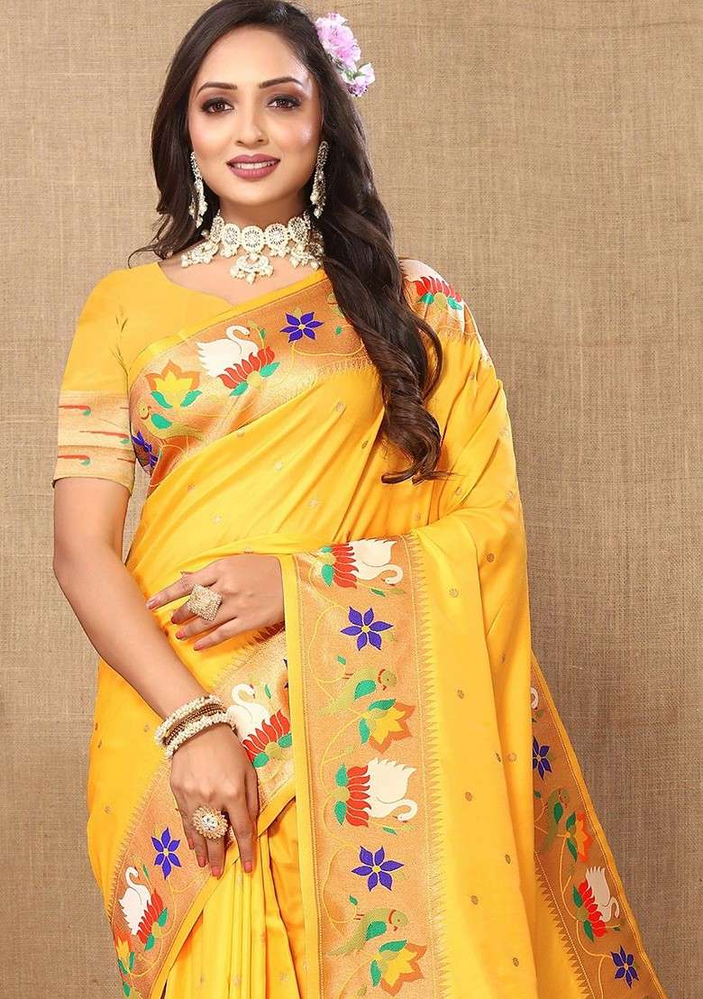 Yellow Embroidered Blended Saree Set for Diwali and Festive Wear - Indya