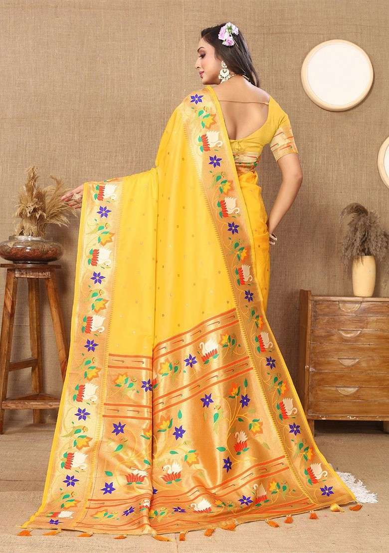 Yellow Embroidered Blended Saree Set for Diwali and Festive Wear - Indya