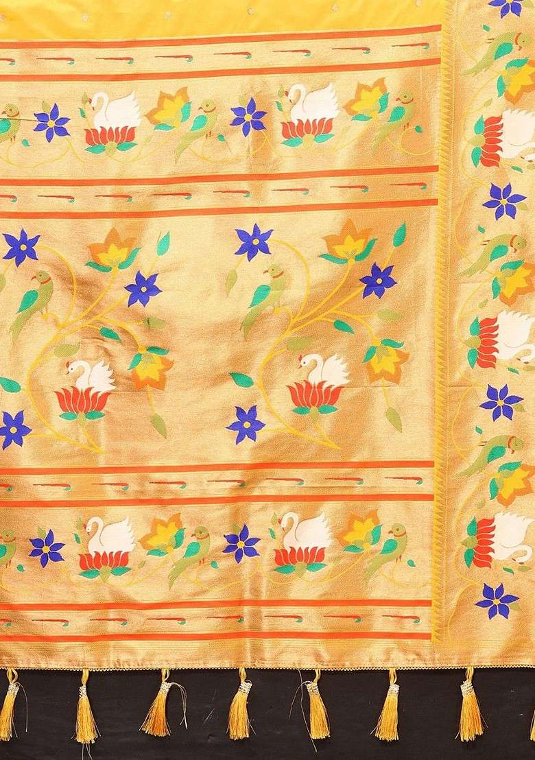 Yellow Embroidered Blended Saree Set for Diwali and Festive Wear - Indya